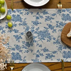 Cotton linen blue floral table runner for dining table decoration kitchen home party setup.