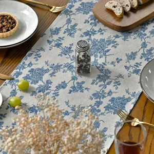 Cotton linen Nordic blue floral table runner for kitchen dining table home party decor and tablecloth
