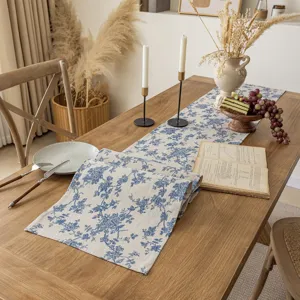 Nordic cotton linen table runner blue floral table cloth for dining room home party kitchen decor