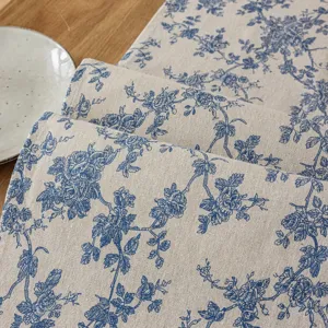 Blue floral table runner cotton linen Nordic style kitchen dining table decor detail view
