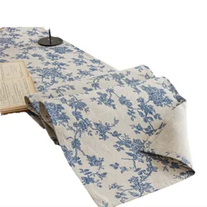 Nordic cotton linen blue floral table runner for dining table home party decoration.