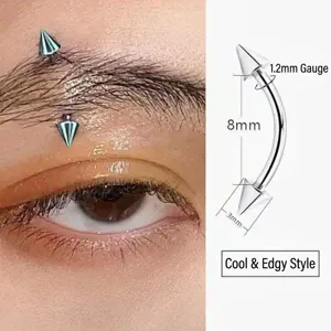 Titanium steel curved eyebrow piercing barbell detail, 1.2mm thick body jewelry for daily wear.