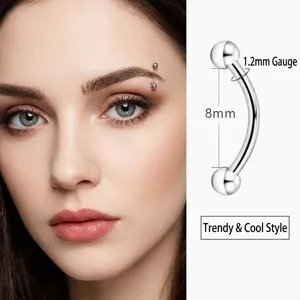316L stainless steel curved barbell eyebrow ring body piercing jewelry, size 1.2mm by 8mm.