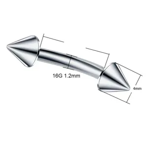 Detail shot of curved barbell piercing jewelry with 16G 1.2mm thickness and 4mm cone ends.
