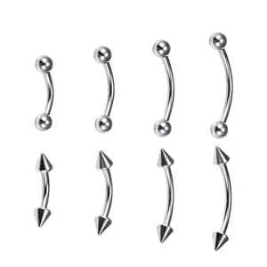 Surgical steel curved barbell piercing jewelry set with balls and spikes in multiple sizes.