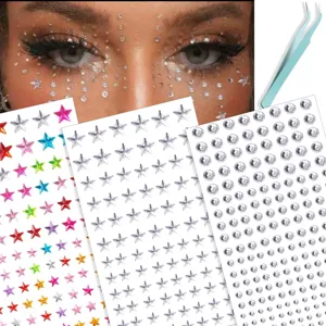 Autocollants Bijoux de Visage Étoile Auto-adhésif Strass Bijoux de Visage pour Maquillage des Yeux Décoration de Cheveux Fête Avec Pince