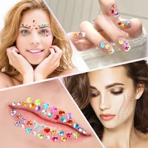 Close-up detail shot showing colorful star heart round gem stickers used for face and nail art.