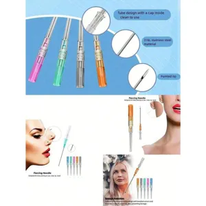 Kit de agujas de piercing estériles con puntas de catéter coloridas para herramientas seguras.