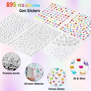 Detail view of 895pcs glittering gem stickers, acrylic diamonds and pearls in various shapes.