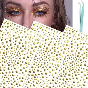 Gold face rhinestone stickers set with tweezers, crystal gems for eye body festival makeup.