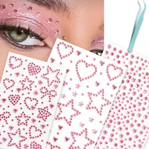 Pink face rhinestone stickers and body gem makeup jewels with tweezers for eye festival