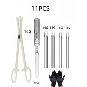 Kit de piercing de acero inoxidable con agujas, pinza y guantes para uso profesional.