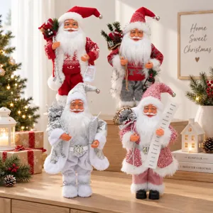 Detailed view of four assorted 45cm standing Santa Claus figurines with festive outfits.