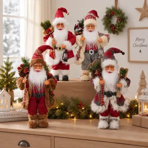 Detailed view of 45cm standing Santa Claus figurines with rustic holiday decor for Xmas.