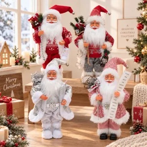Detailed view of Christmas Santa Claus figurines set featuring four festive color dolls.