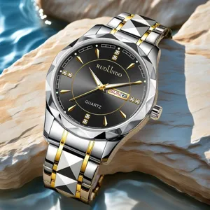 Detailed view of men quartz steel watch with black dial, rhinestone markers, and calendar.