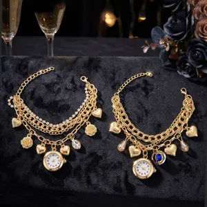 Women Multi-Layer Chain Quartz Watch Vintage Heart Rhinestone Pendant Bracelet Watch Alloy Stainless Steel Wristwatch