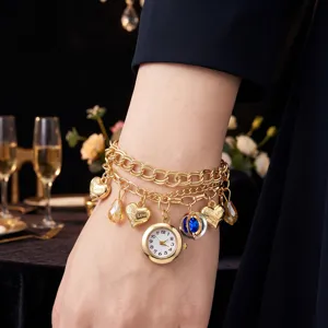 Gold-tone multi-layer chain bracelet featuring a tiny quartz watch charm and engraved heart pendants.