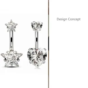 Circonita de acero inoxidable estrella corazón piercing ombligo primer plano detalle.