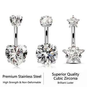 Piercing para ombligo de acero quirúrgico con cristales de circonita en corazón, estrella y red.
