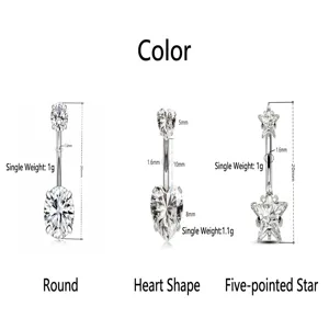 Tabla de tallas de piercing para ombligo con motivos redondos, de corazón y estrella.