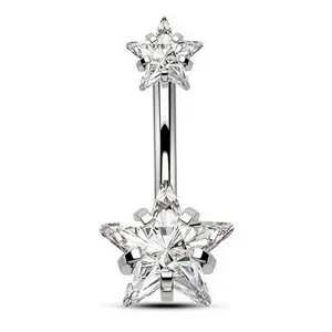 Piercing de ombligo de doble estrella con circonita transparente, joya de acero.