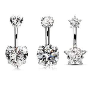 Set de piercing de ombligo de acero inoxidable con cristal corazón redondo y estrella.