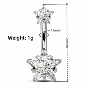 Piercing ombligo doble cabeza estrella estrás de acero inoxidable joyería 20mm pro