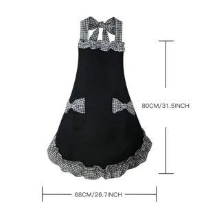Cute black ruffle apron with gingham bows, women's sleeveless kitchen cooking apron for home.