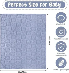 Soft plush baby blanket with heart checkered pattern, comfortable and warm fabric detail.