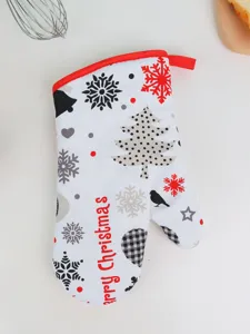 Christmas oven mitt with festive tree and snowflake print, thick heat resistant for baking.
