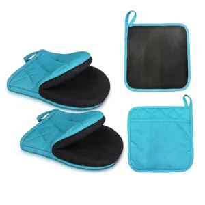 Durable blue and black quilted oven mitts and pot holders set, perfect for safe kitchen baking.
