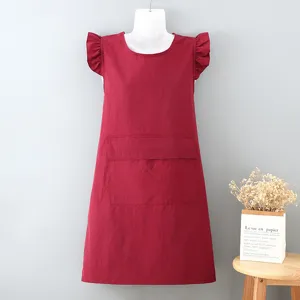 Red sleeveless apron with ruffles and large pocket for kitchen cooking housework