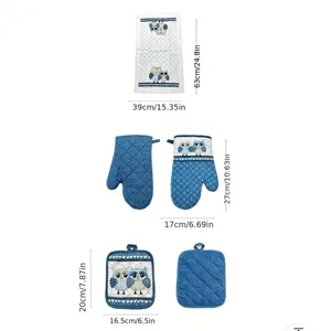 Blue owl kitchen linen set including oven mitts, pot holders, and towel with size specs.