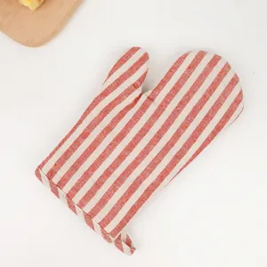 Guanto da forno spesso in cotone e lino a righe rosse e bianche per cottura, guanto resistente al calore.