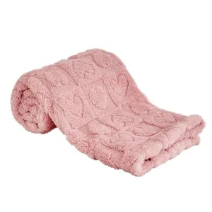 Pink baby plush blanket with embossed heart pattern, soft fluffy fleece nursery blanket.