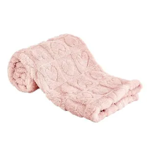 Detailed close-up of soft pink plush blanket texture, fluffy baby nap blanket fabric details.
