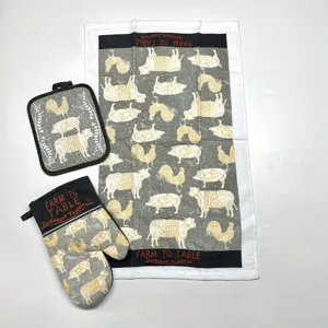 Kitchen textile set including oven mitt, pot holder and towel with farm animal print.