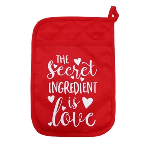 Red quilted pot holder detail, Valentine kitchen baking mitt, love quote print textile