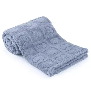Soft grey embossed heart baby fleece blanket, fluffy plush throw for naptime nursery bed.