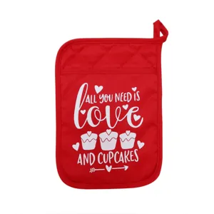 Red fabric kitchen pot holder with cute cupcake and love print, heat resistant for baking.