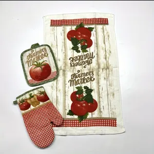 Kitchen textile set including oven mitt pot holder and towel with tomato pattern 3-piece