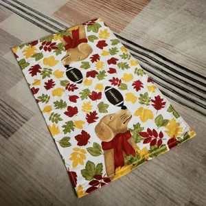 Autumn theme kitchen dish towel with cute dog and maple leaves pattern, pure cotton soft.