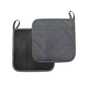 Grey quilted pot holders set for kitchen baking, heat resistant oven mitts with pocket loops.