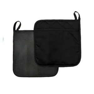 Black kitchen pot holders heat resistant oven pads with non-slip textured back and hanging loop.