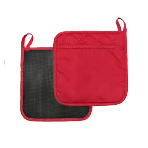 Detail view of red and black kitchen heat resistant pot holder with pocket and loop.