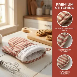 Guanti da forno spessi in cotone e lino resistenti al calore con strisce rosse e bianche.