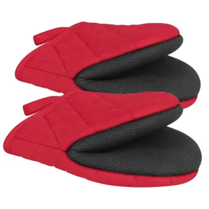 Red and black quilted oven mitts set heat resistant kitchen cooking baking gloves