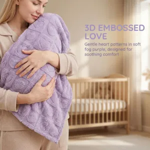 Baby heart embossed plush blanket, soft fog purple cozy throw for kids and nap time comfort.