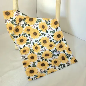 Sunflower kitchen dish towel detail view, soft cotton fabric, absorbent for daily use.